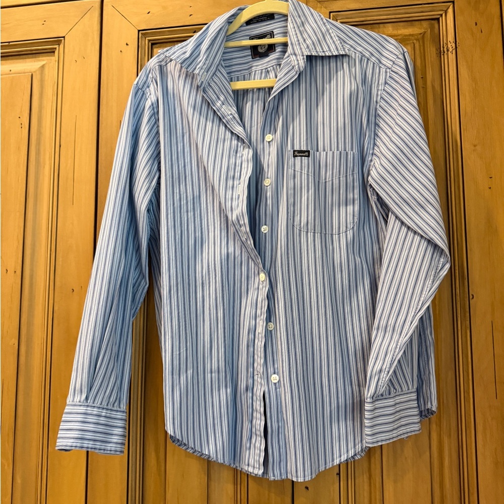 Faconnable Blue and White Striped Button-Down Shirt